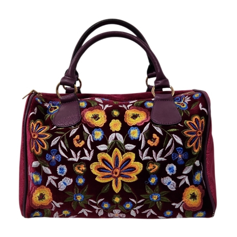 Burgundy Velour Embroidery Floral Bowler Shoulder Handbag Travel Tote